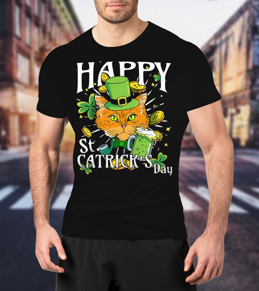 Happy St. Catricks Day Funny St. Patrick Cat Clover Coins T-Shirt