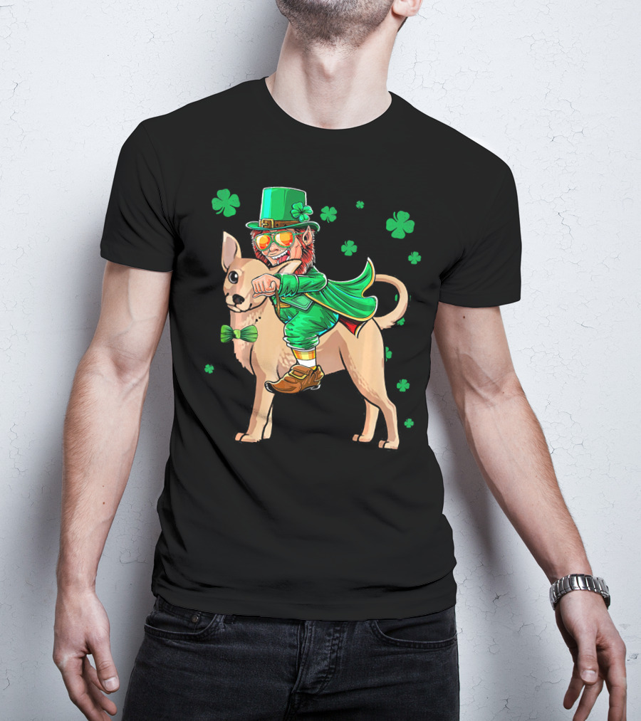 Leprechaun Riding Chihuahua With Shamrocks St. Patrick's Day T-Shirt