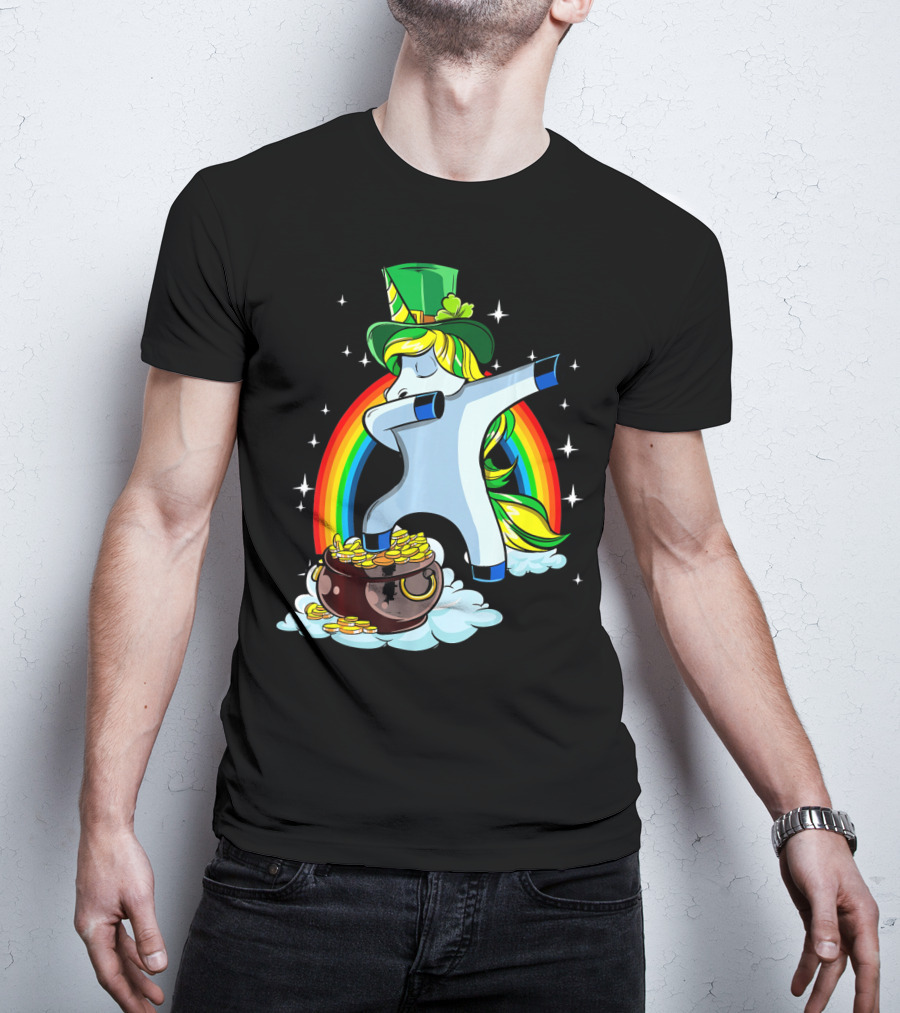St Patricks Day Dabbing Unicorn Rainbow Pot Of Gold T-Shirt