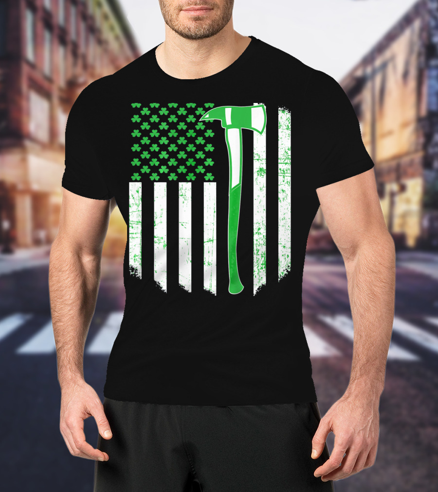 Irish Shamrock Flag Firefighter Axe T-Shirt