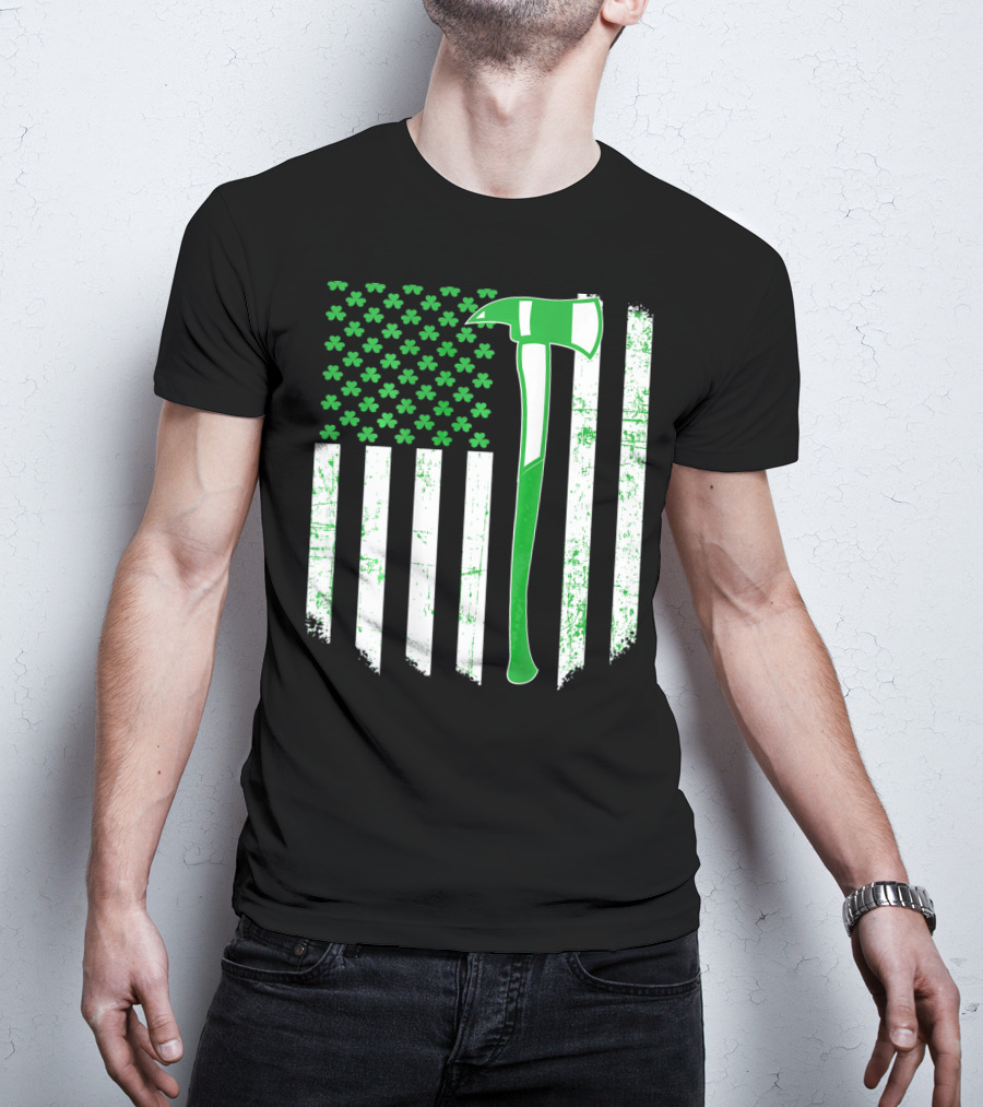 Irish Shamrock Flag Firefighter Axe T-Shirt