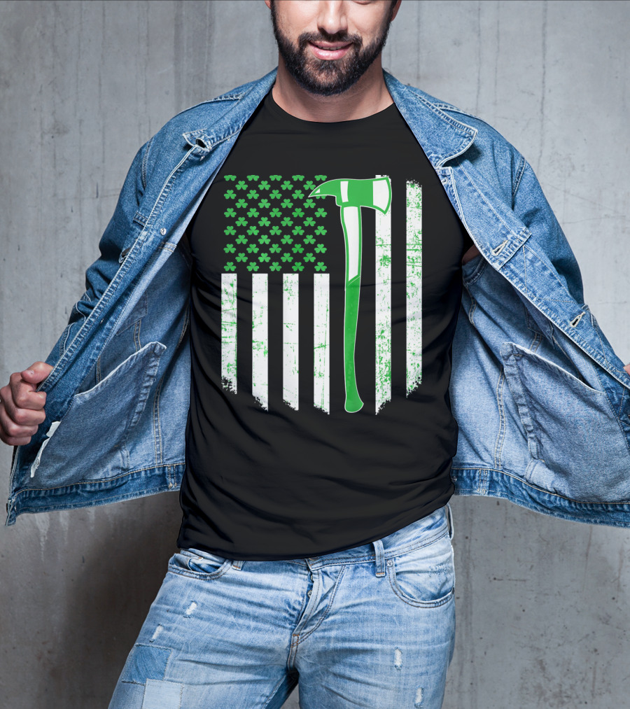 Irish Shamrock Flag Firefighter Axe T-Shirt