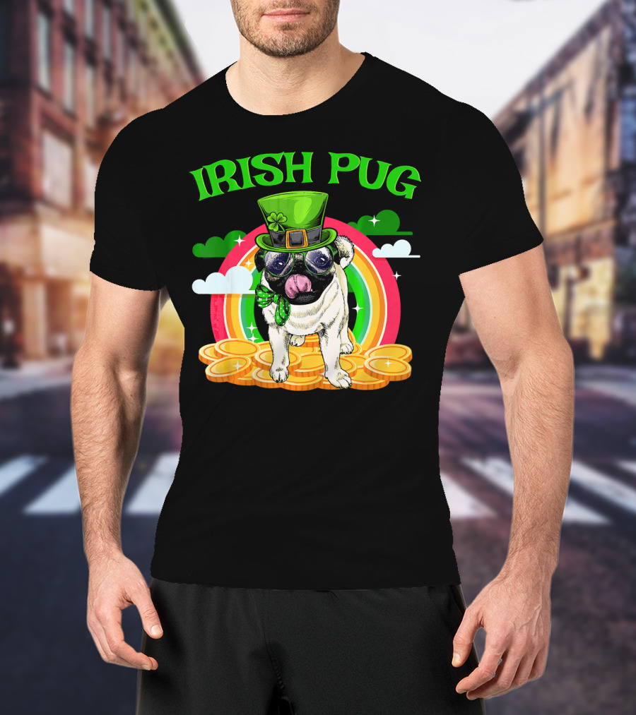 Irish Pug Funny St Patricks Day Leprechaun Rainbow Coins T-Shirt
