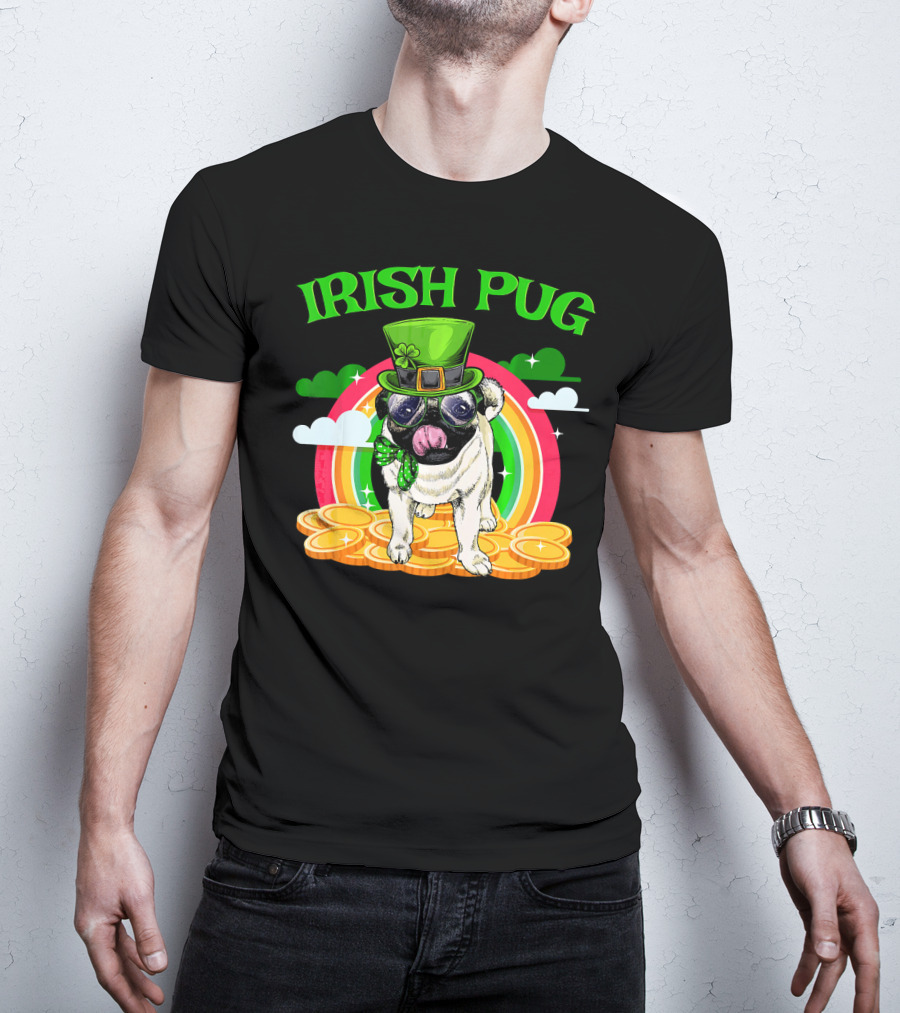 Irish Pug Funny St Patricks Day Leprechaun Rainbow Coins T-Shirt
