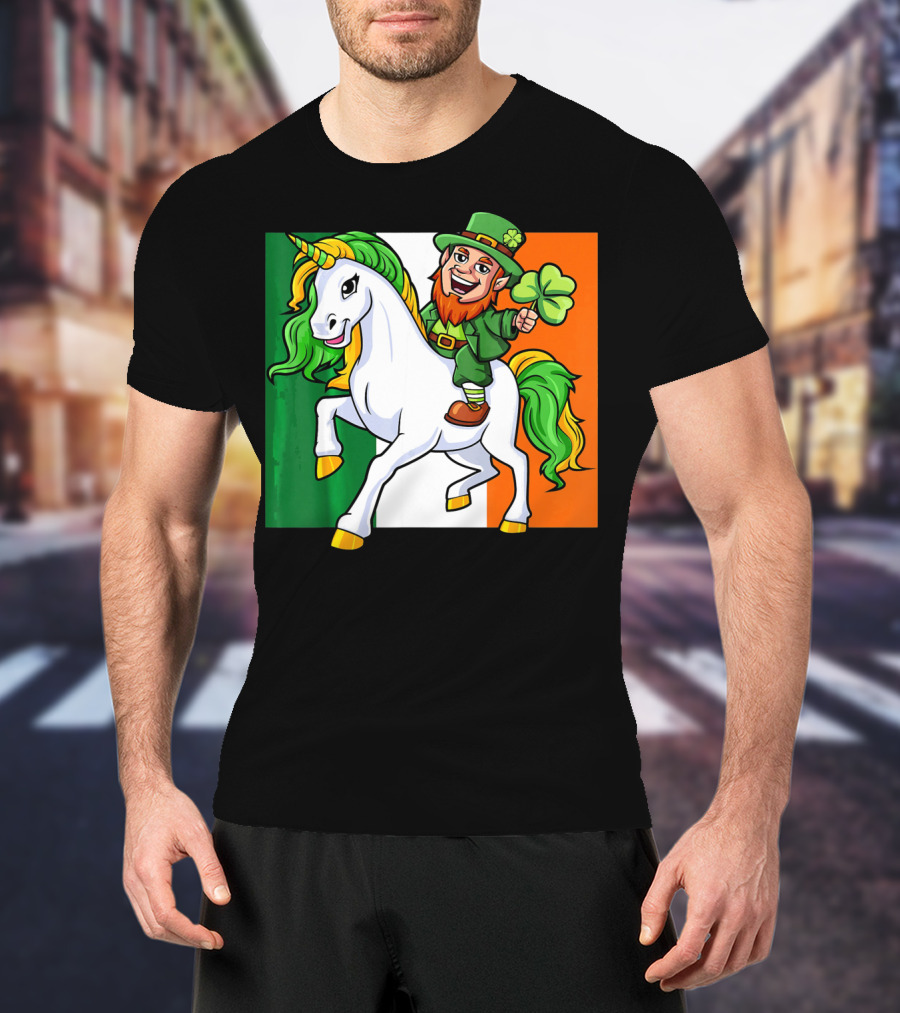Leprechaun Riding Unicorn Irish Flag St Patricks Day T-Shirt