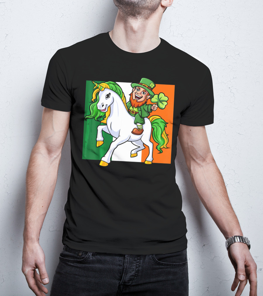 Leprechaun Riding Unicorn Irish Flag St Patricks Day T-Shirt