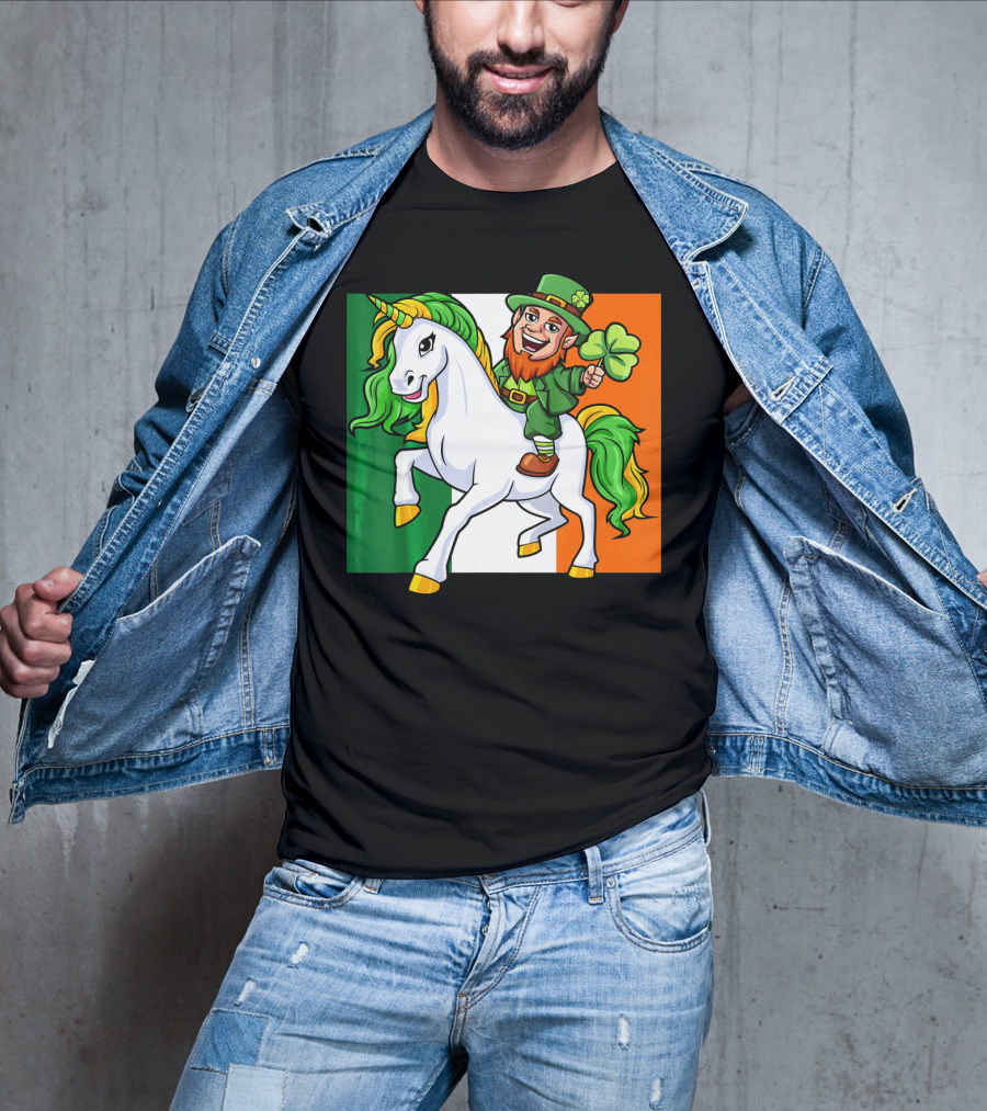 Leprechaun Riding Unicorn Irish Flag St Patricks Day T-Shirt