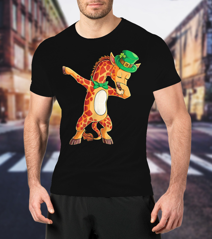 Giraffe Dabbing Leprechaun Hat Bow Tie T-Shirt