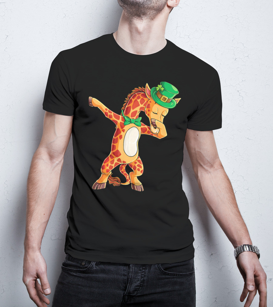 Giraffe Dabbing Leprechaun Hat Bow Tie T-Shirt