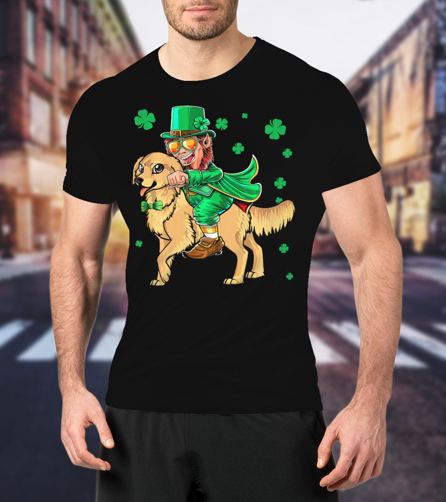 Leprechaun Riding Golden Retriever With Shamrocks T-Shirt