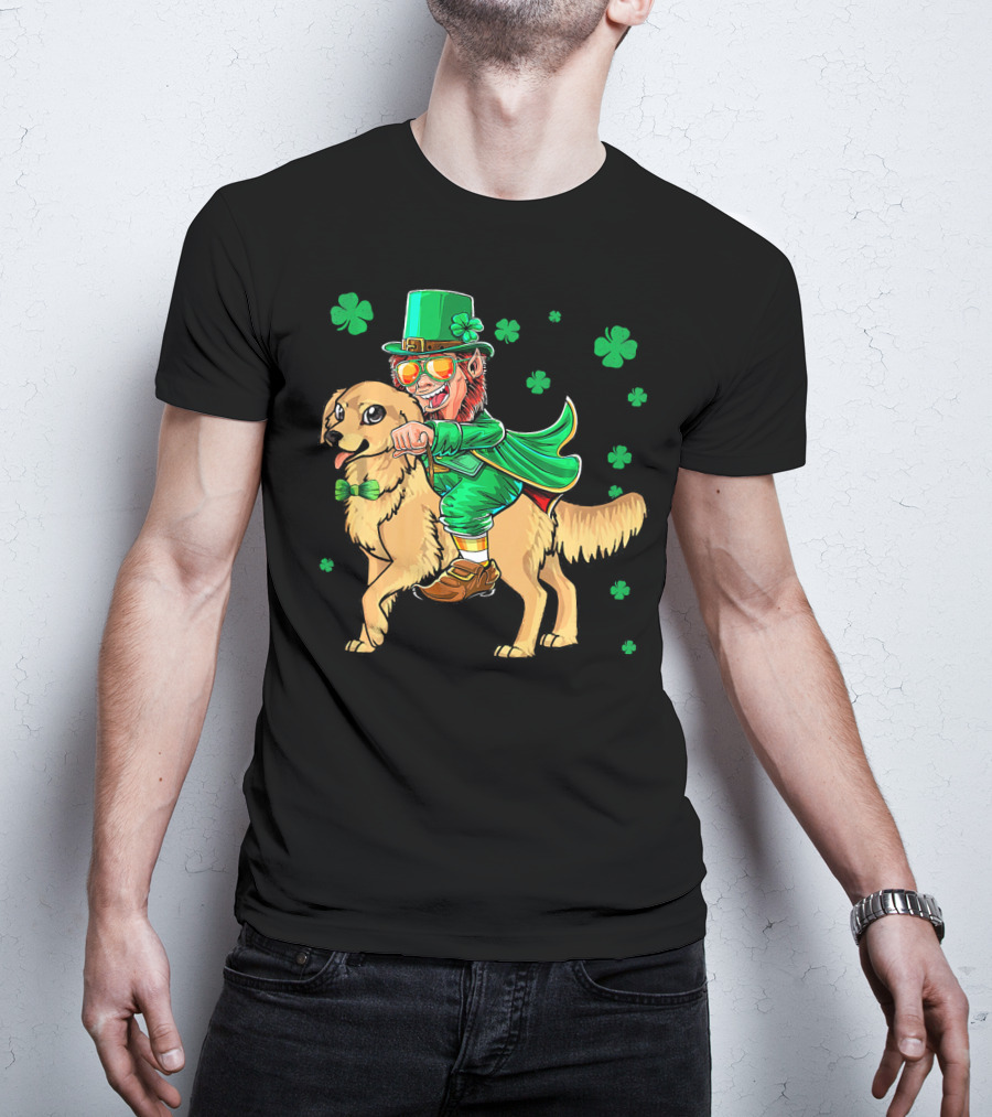Leprechaun Riding Golden Retriever With Shamrocks T-Shirt