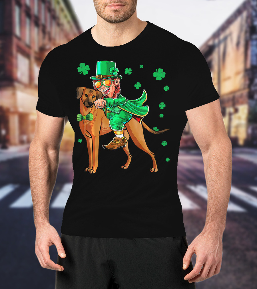 Leprechaun On Rhodesian Ridgeback With Shamrocks T-Shirt