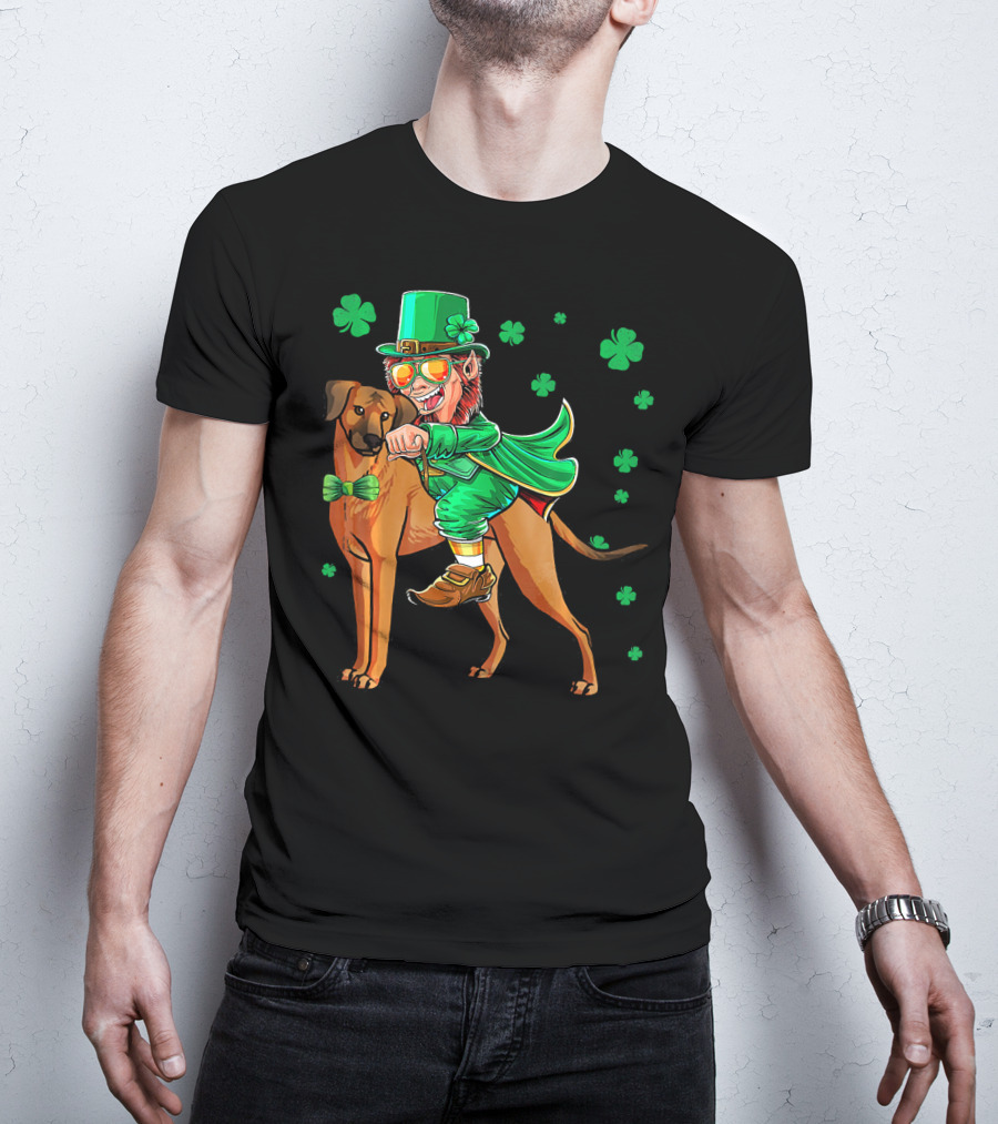 Leprechaun On Rhodesian Ridgeback With Shamrocks T-Shirt