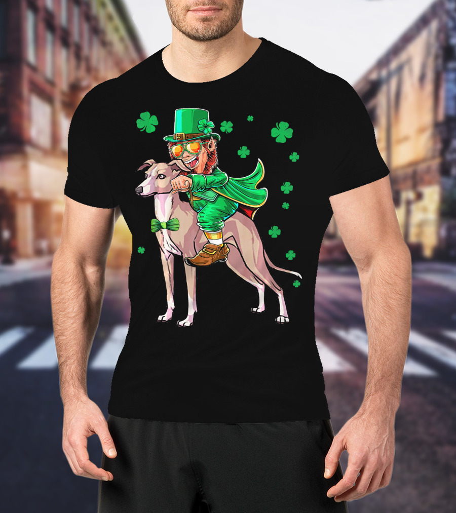 Leprechaun Riding Italian Greyhound With Shamrocks T-Shirt