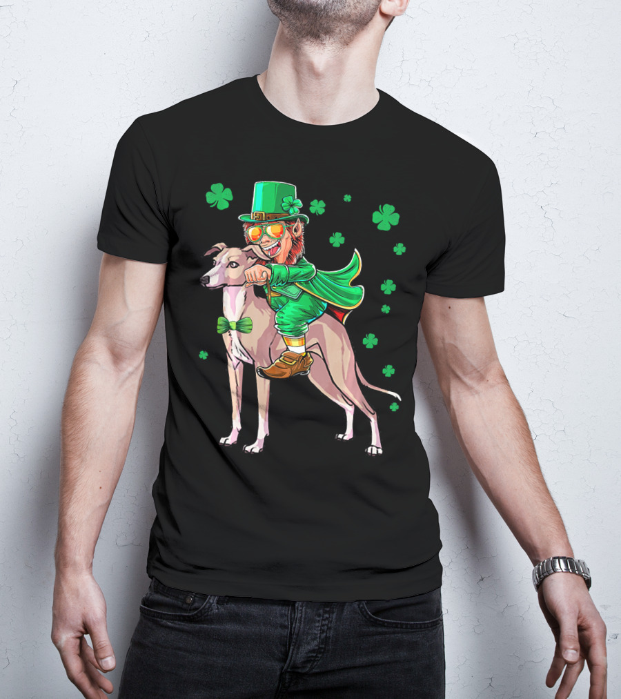 Leprechaun Riding Italian Greyhound With Shamrocks T-Shirt