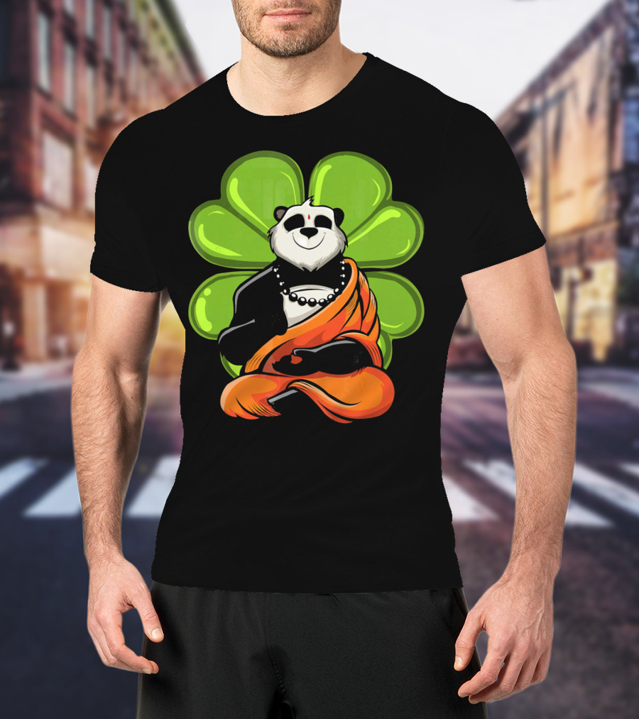 Panda Bear Buddha Zen Meditation With Lucky Four-Leaf Clover T-Shirt
