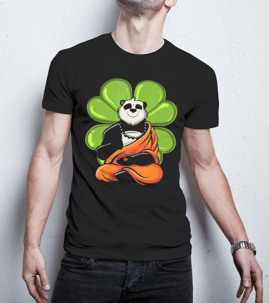 Panda Bear Buddha Zen Meditation With Lucky Four-Leaf Clover T-Shirt