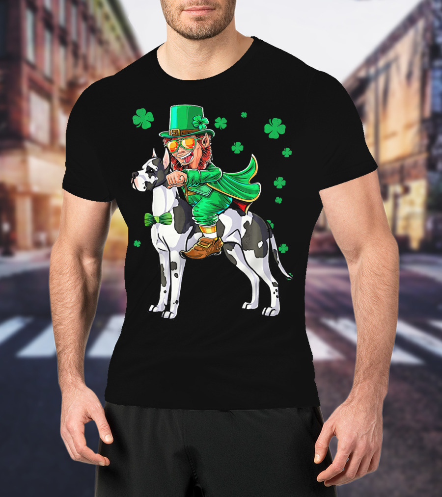 Leprechaun Riding Great Dane With Shamrocks St. Patri T-Shirt