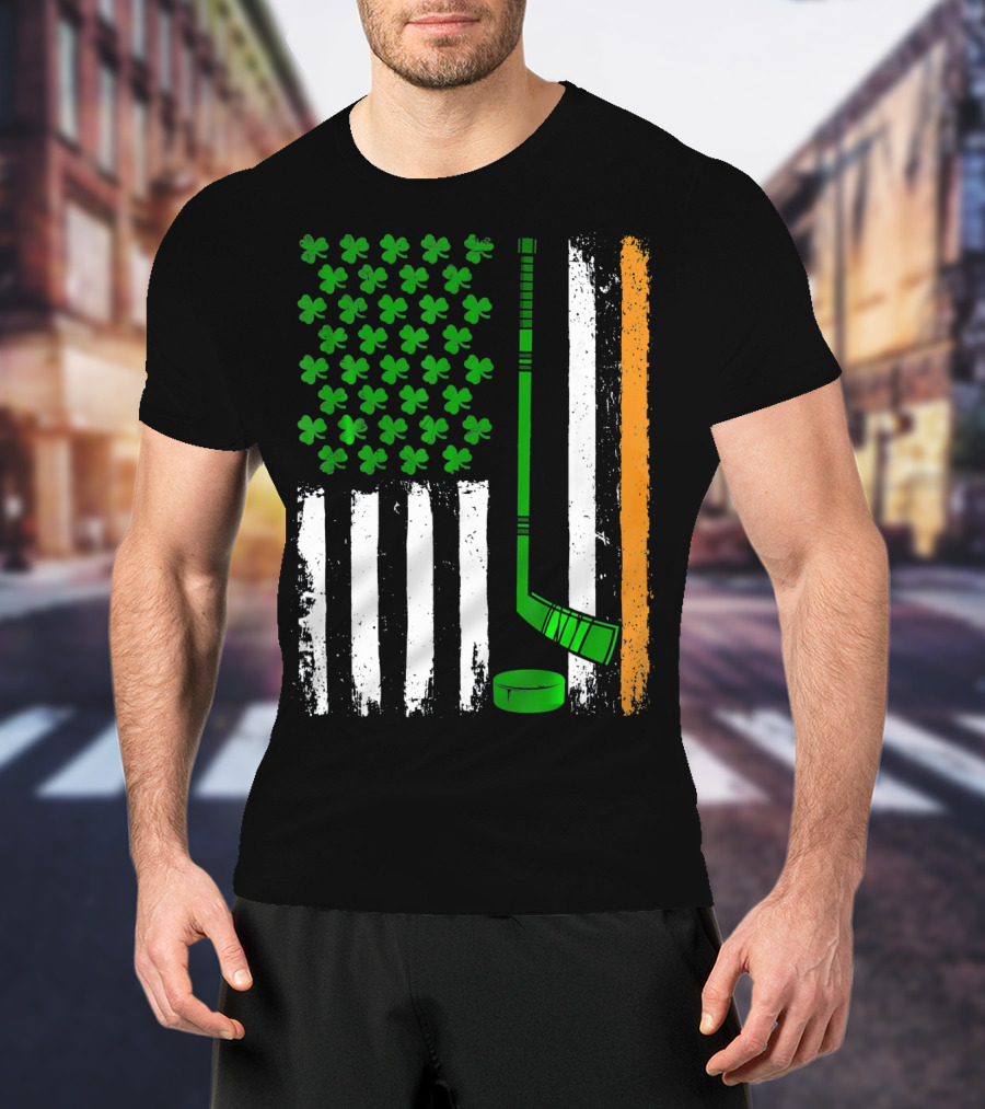 Hockey St Patricks Irish American Flag Shamrock Hockey Stick T-Shirt