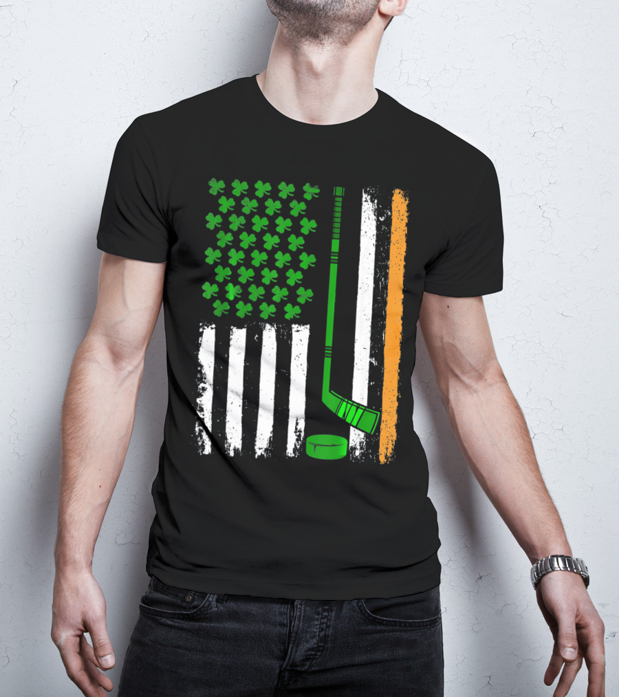 Hockey St Patricks Irish American Flag Shamrock Hockey Stick T-Shirt
