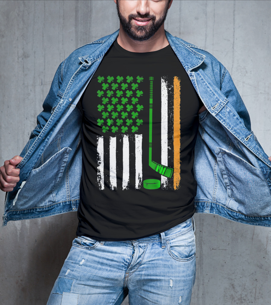 Hockey St Patricks Irish American Flag Shamrock Hockey Stick T-Shirt