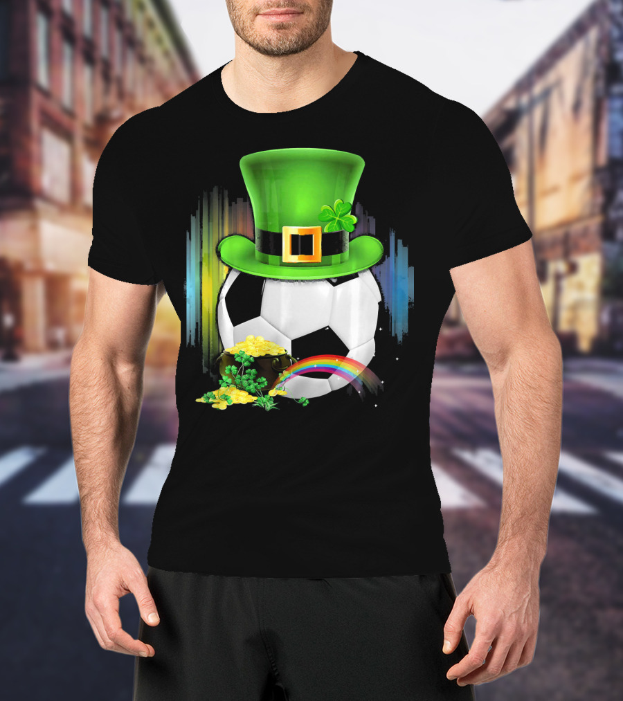 Soccer Ball Leprechaun Hat Pot Of Gold Rainbow Saint Patricks T-Shirt