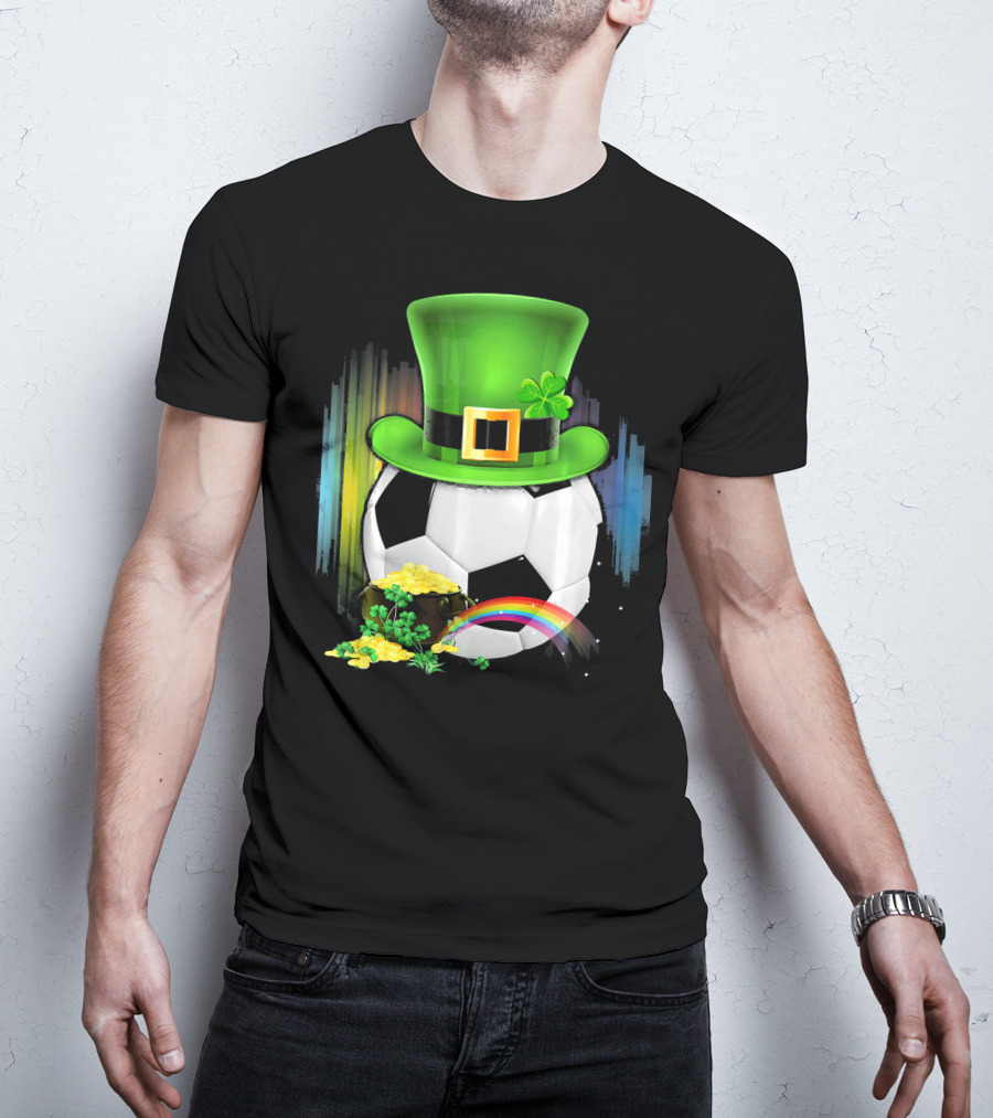 Soccer Ball Leprechaun Hat Pot Of Gold Rainbow Saint Patricks T-Shirt