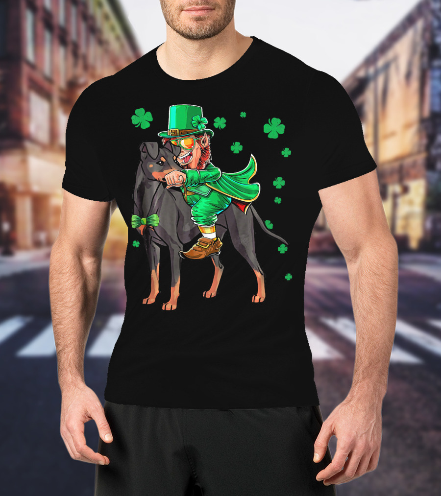 Leprechaun Riding Manchester Terrier With Shamrocks T-Shirt
