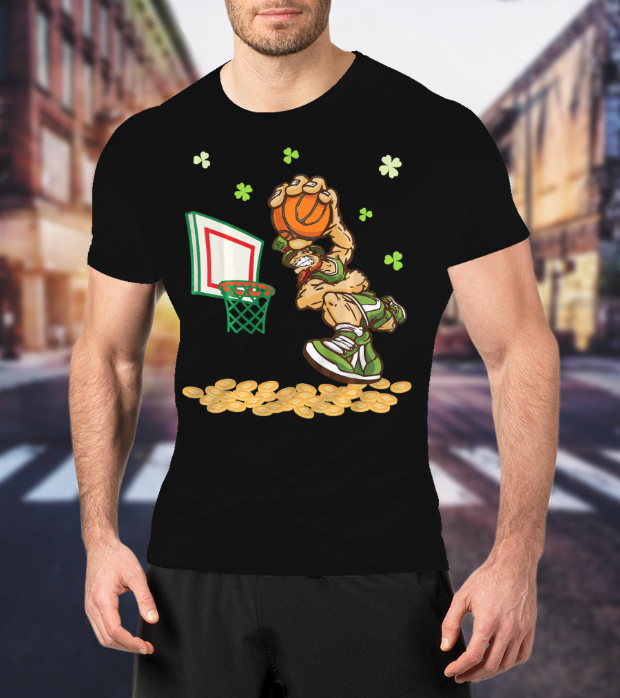 Leprechaun Dunking Basketball Surrounded By Shamrocks And Gold Coins T-Shirt