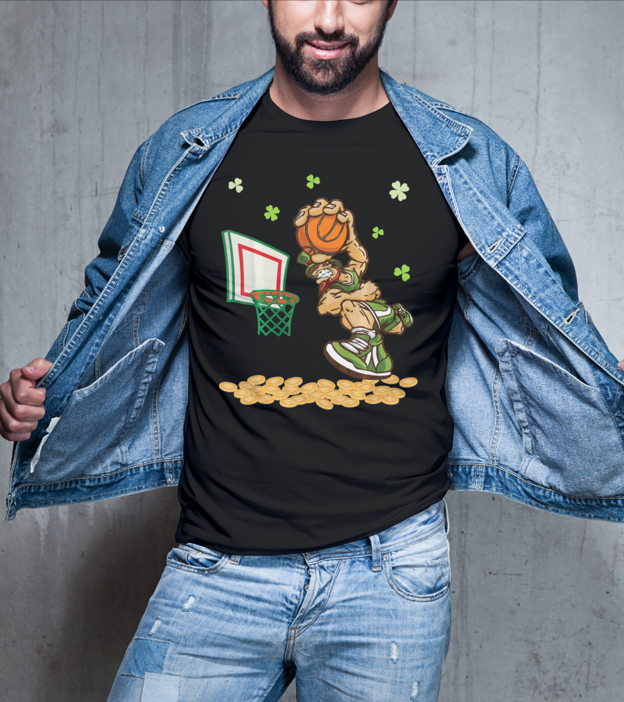 Leprechaun Dunking Basketball Surrounded By Shamrocks And Gold Coins T-Shirt