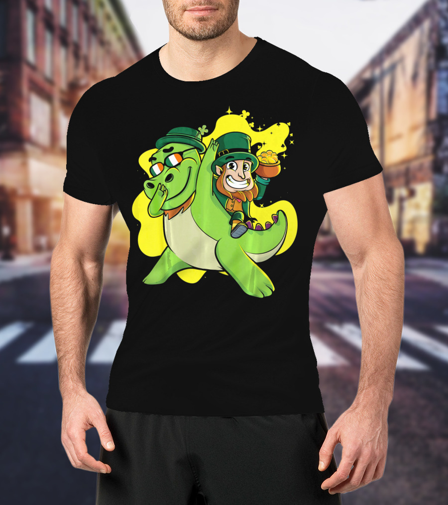 Dabbing Dinosaur And Leprechaun With Gold For St Patrick's Day T-Shirt