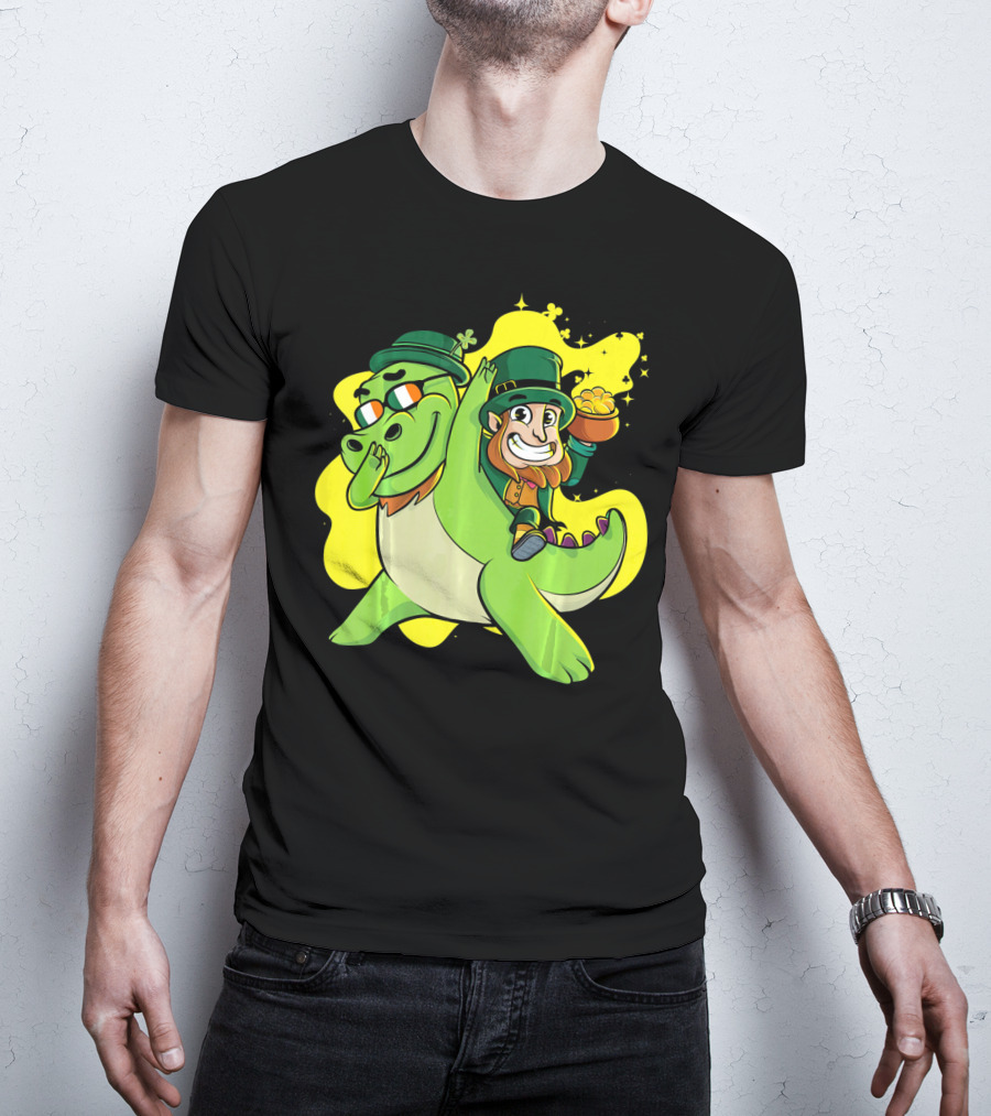 Dabbing Dinosaur And Leprechaun With Gold For St Patrick's Day T-Shirt