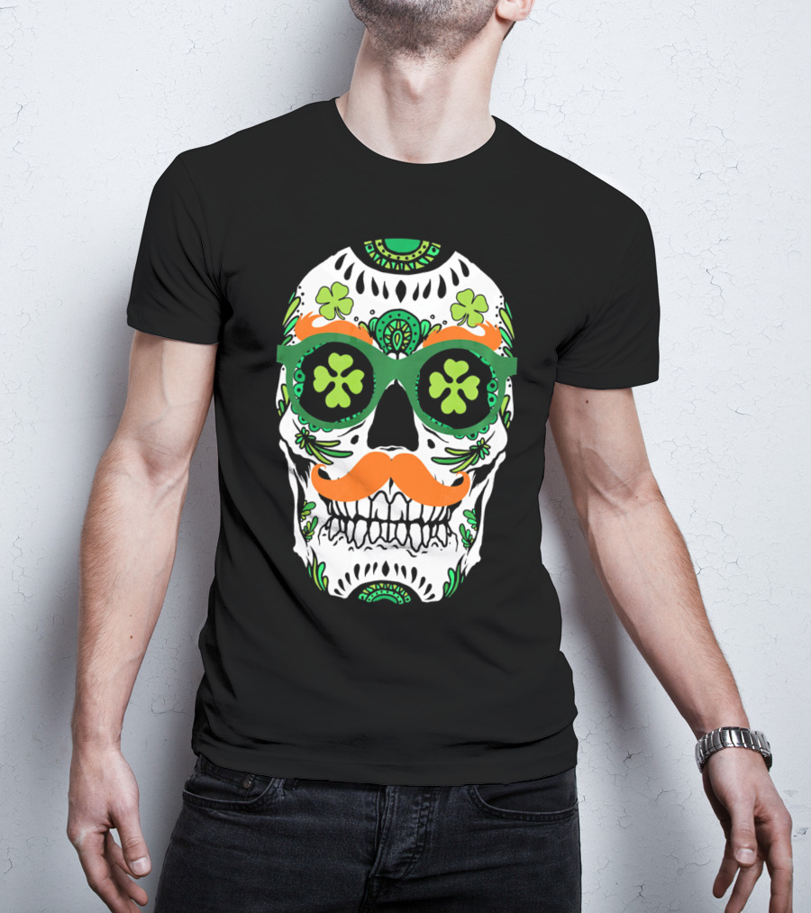 Sugar Skull Clover Mustache St. Patrick's Day T-Shirt