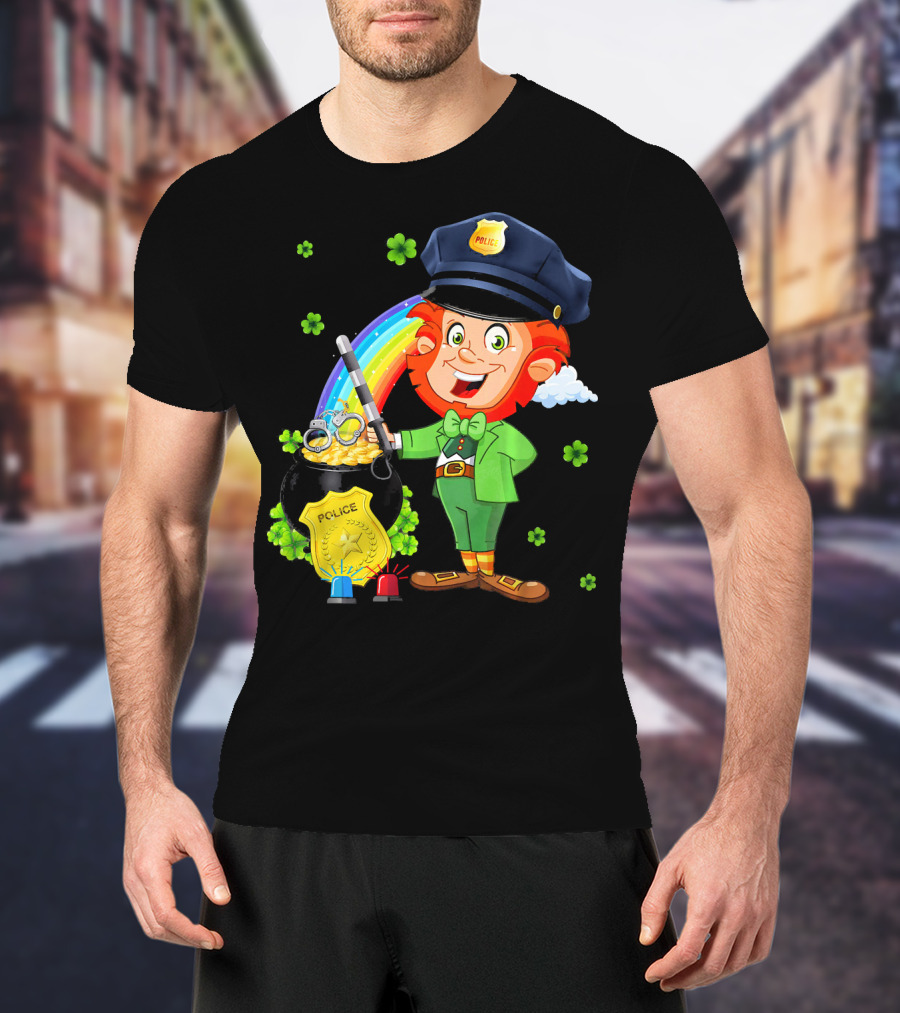 Police Leprechaun Pot Of Gold Rainbow Clover St. Patricks T-Shirt