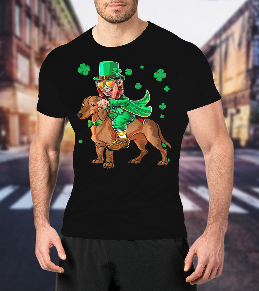 Leprechaun Riding Dachshund With Shamrocks St. Patrick's Day T-Shirt