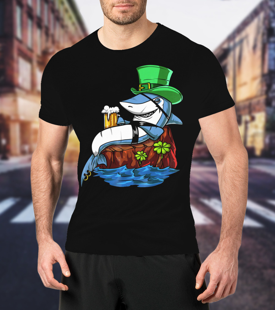 Leprechaun Shark Pirate St Patricks Beer Shamrock Rock T-Shirt