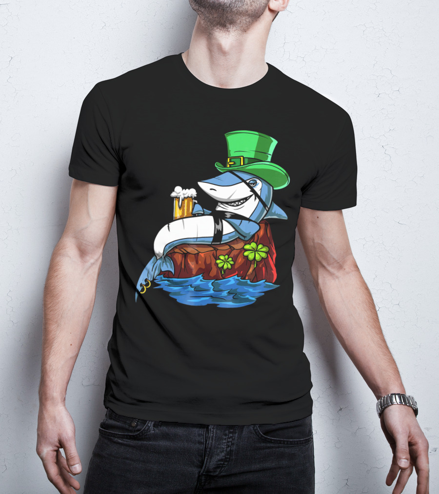 Leprechaun Shark Pirate St Patricks Beer Shamrock Rock T-Shirt