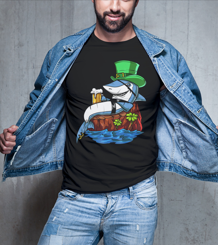 Leprechaun Shark Pirate St Patricks Beer Shamrock Rock T-Shirt
