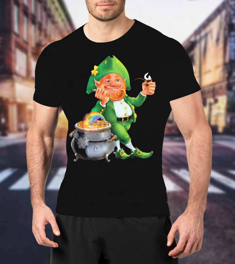 Cool Leprechaun With Rainbow And Gold Pot T-Shirt