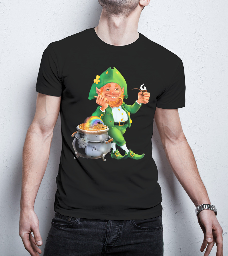 Cool Leprechaun With Rainbow And Gold Pot T-Shirt