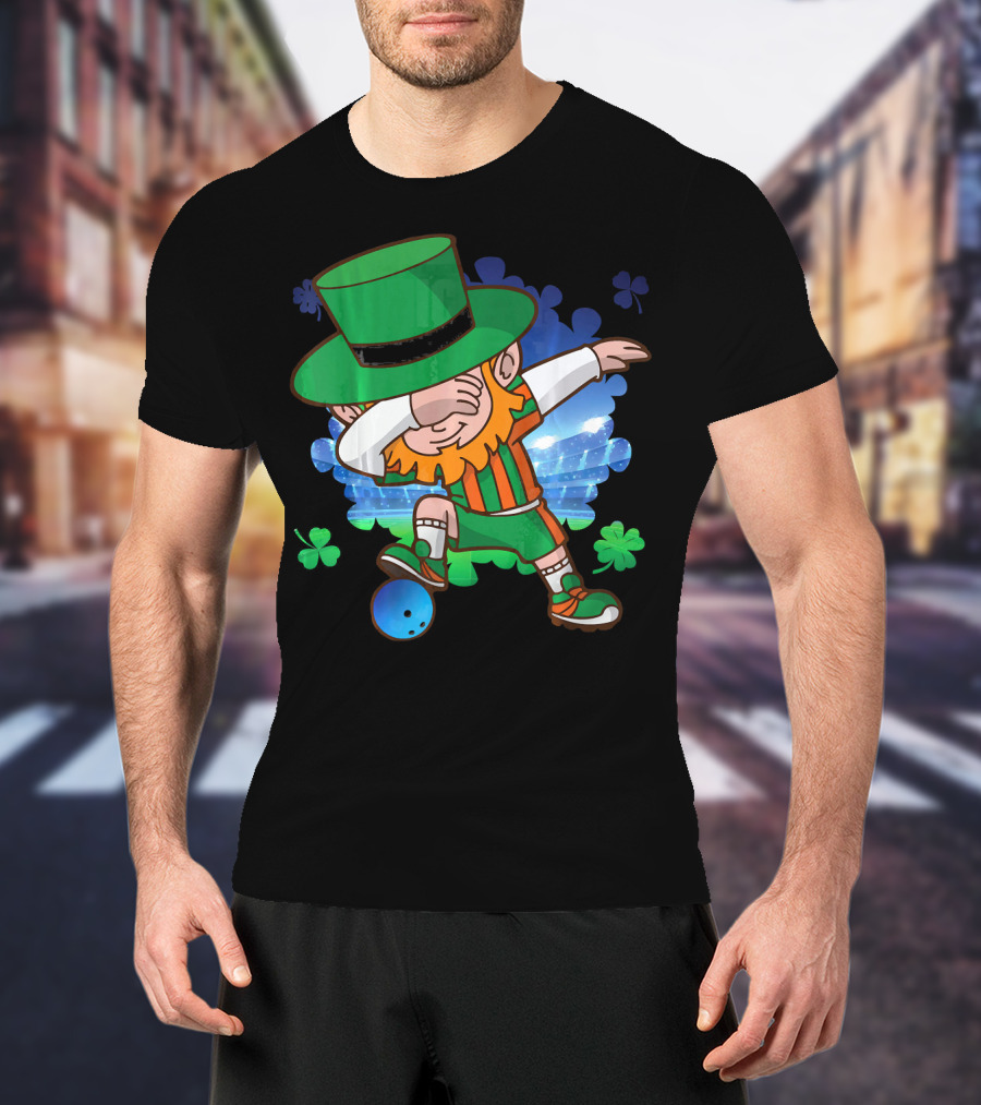 Leprechaun Dabbing Bowling With Clover Accents T-Shirt