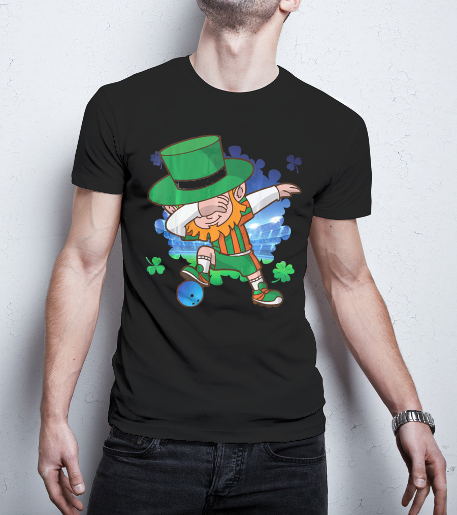 Leprechaun Dabbing Bowling With Clover Accents T-Shirt