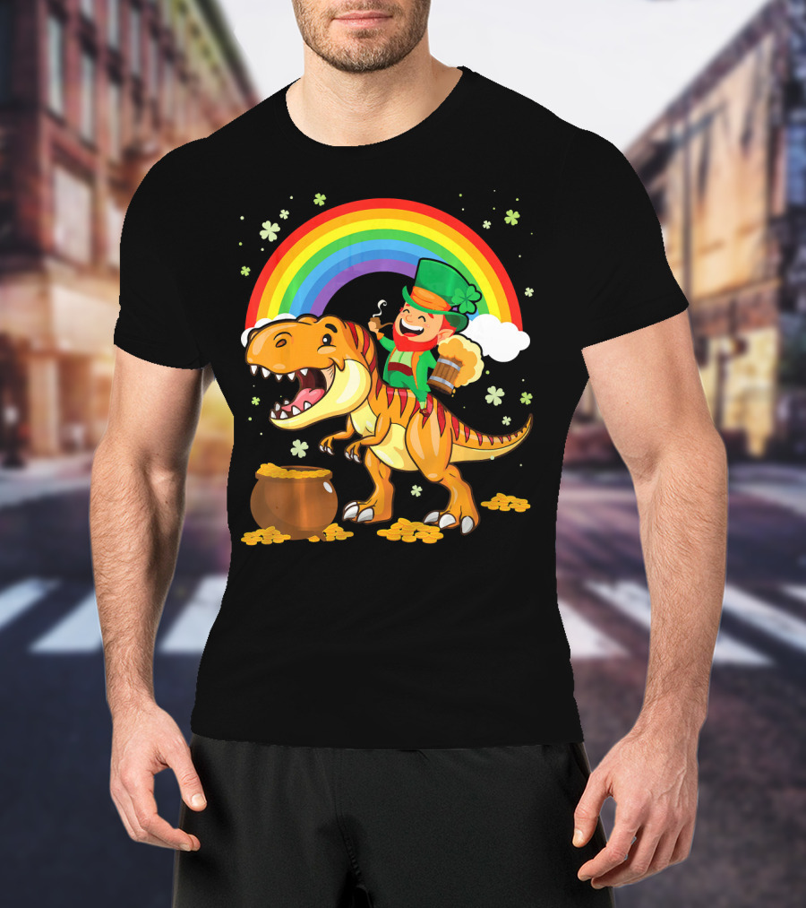 Leprechaun Drinking Beer Riding Dinosaur Under Rainbow With Pot Of Gold T-Shirt