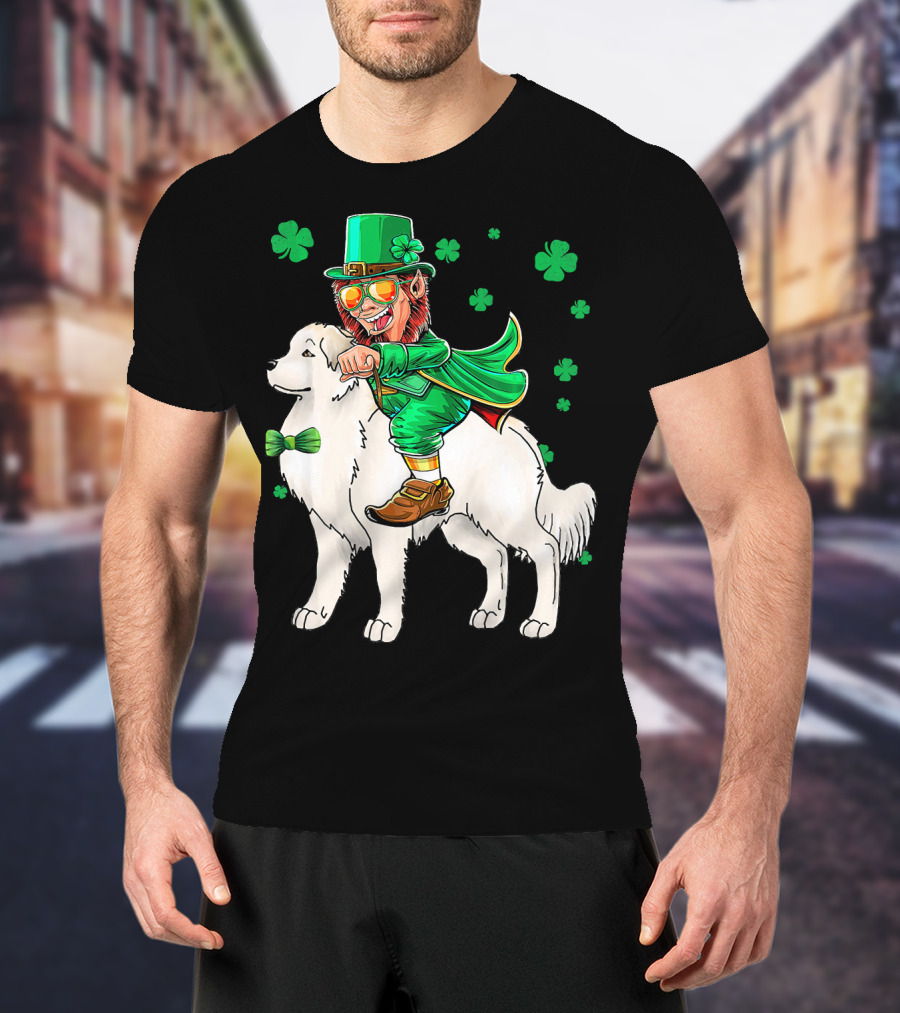 Great Pyrenees Leprechaun Riding Shamrock T-Shirt