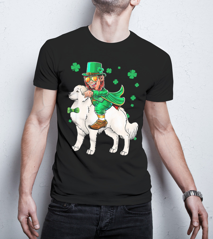 Great Pyrenees Leprechaun Riding Shamrock T-Shirt