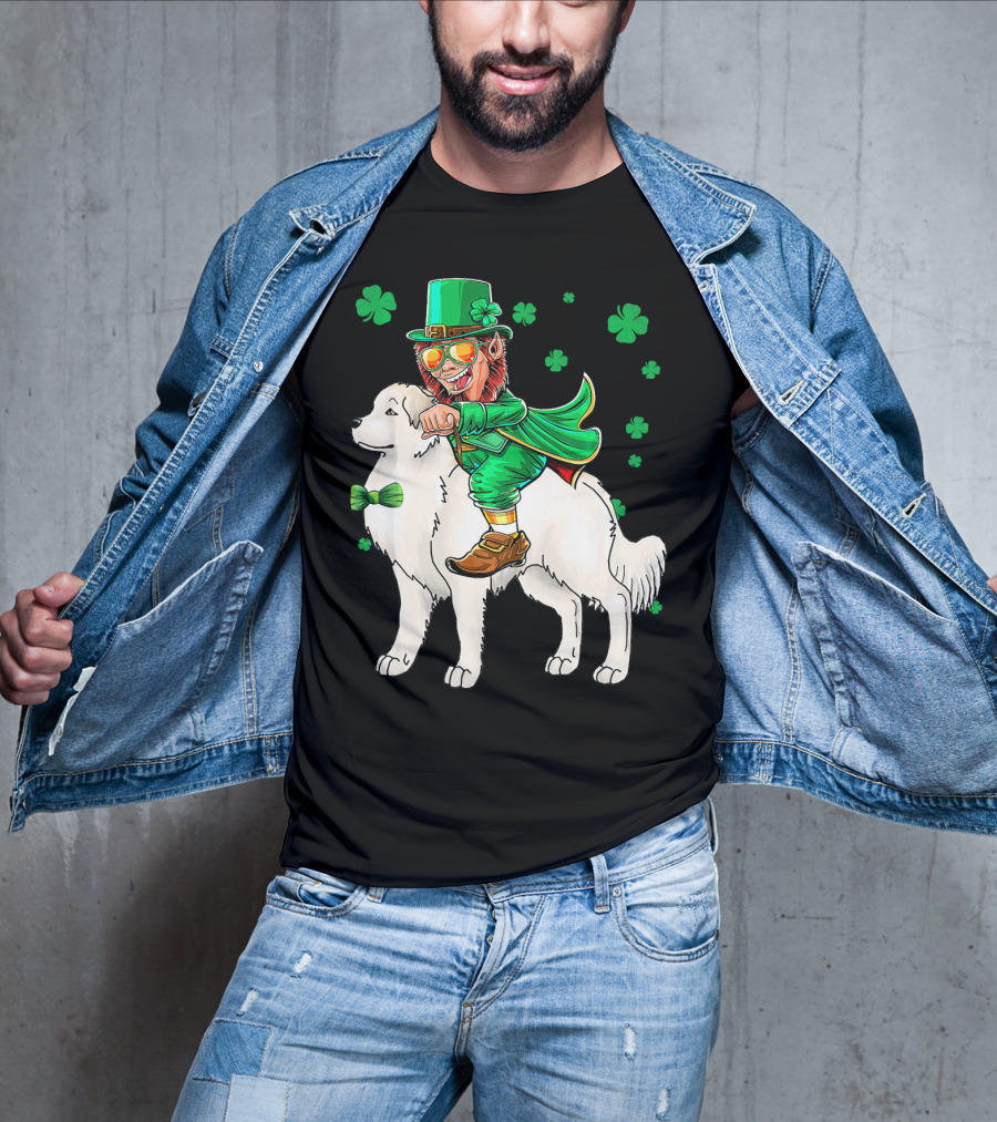 Great Pyrenees Leprechaun Riding Shamrock T-Shirt