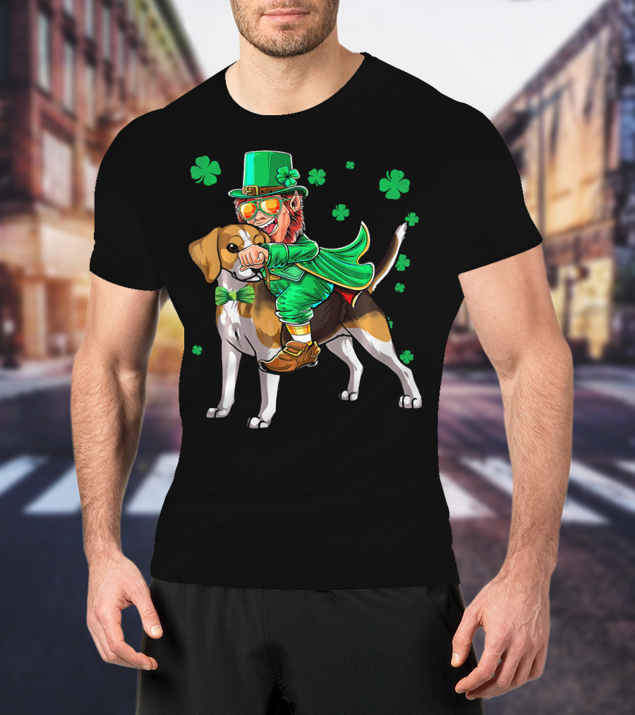 Leprechaun Riding Beagle With Shamrocks For St. Patrick's Day T-Shirt