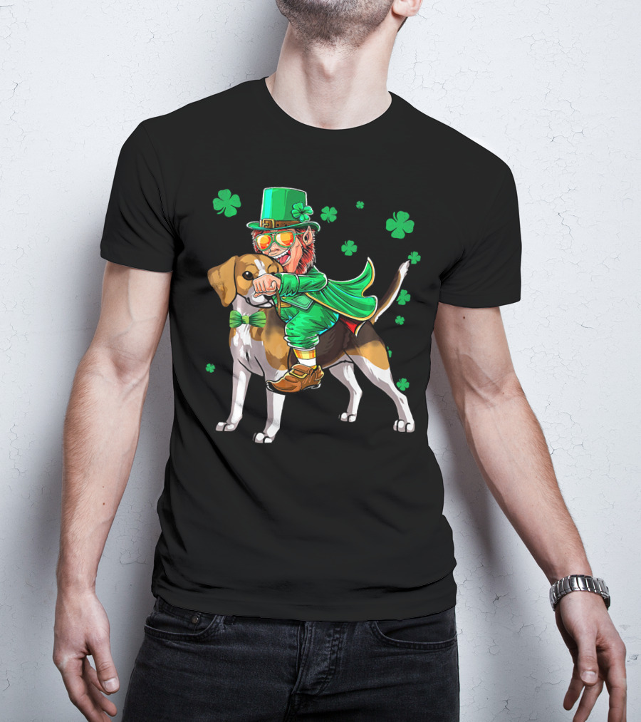 Leprechaun Riding Beagle With Shamrocks For St. Patrick's Day T-Shirt