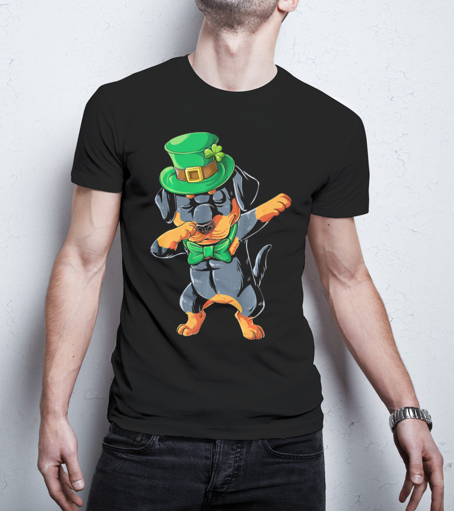 Dabbing Rottweiler St. Patrick's Day Hat And Bow Tie T-Shirt