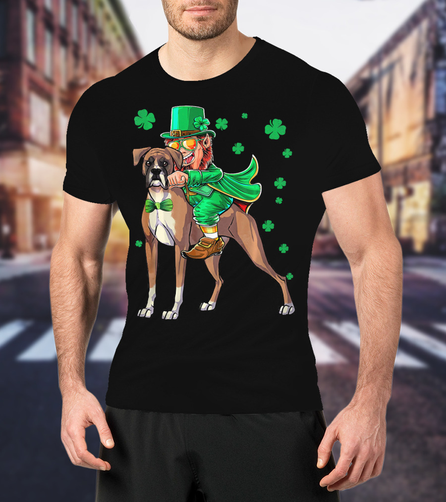 Leprechaun Riding Boxer Dog With Shamrocks St. Patrick's Day T-Shirt